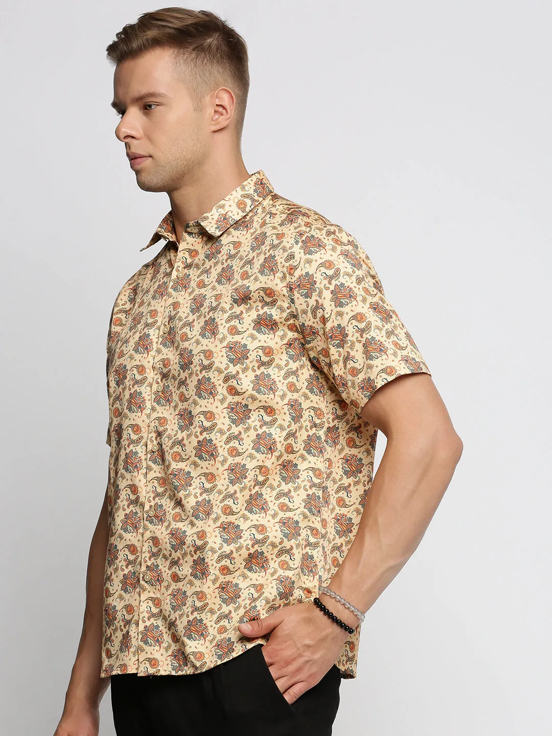 Men Cream Slim Fit Ethnic Motifs Printed Cotton Casual Shirt