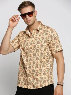 Men Cream Slim Fit Ethnic Motifs Printed Cotton Casual Shirt
