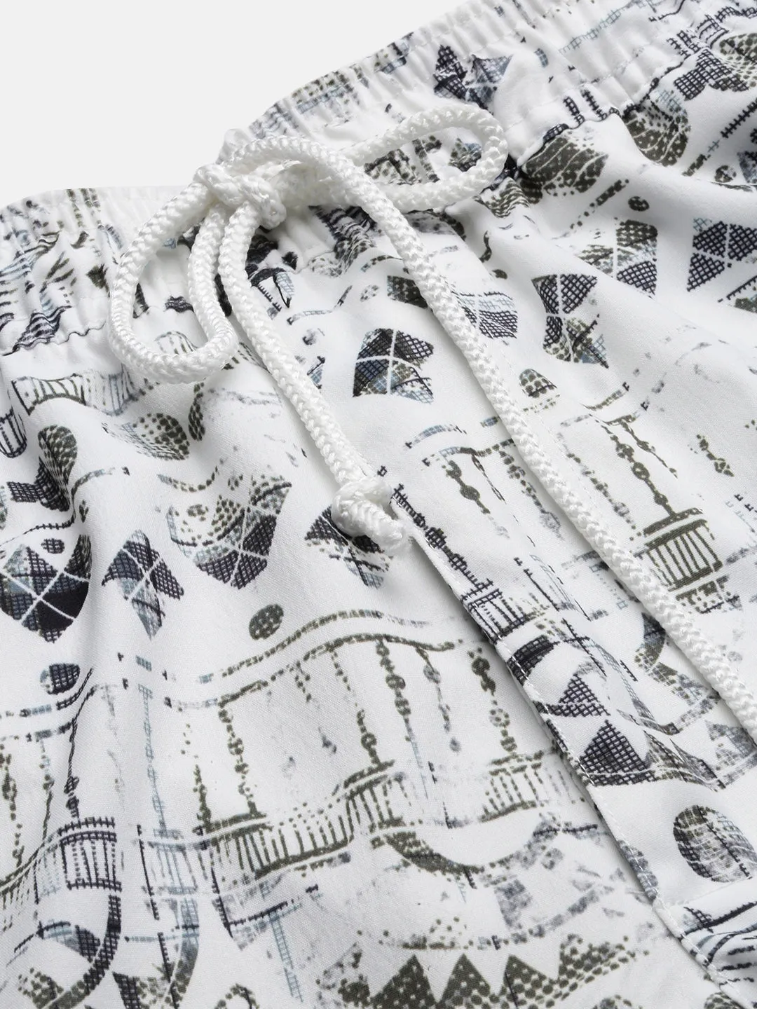 Men Geometric Print Cuban Collar White Co-Ords Set