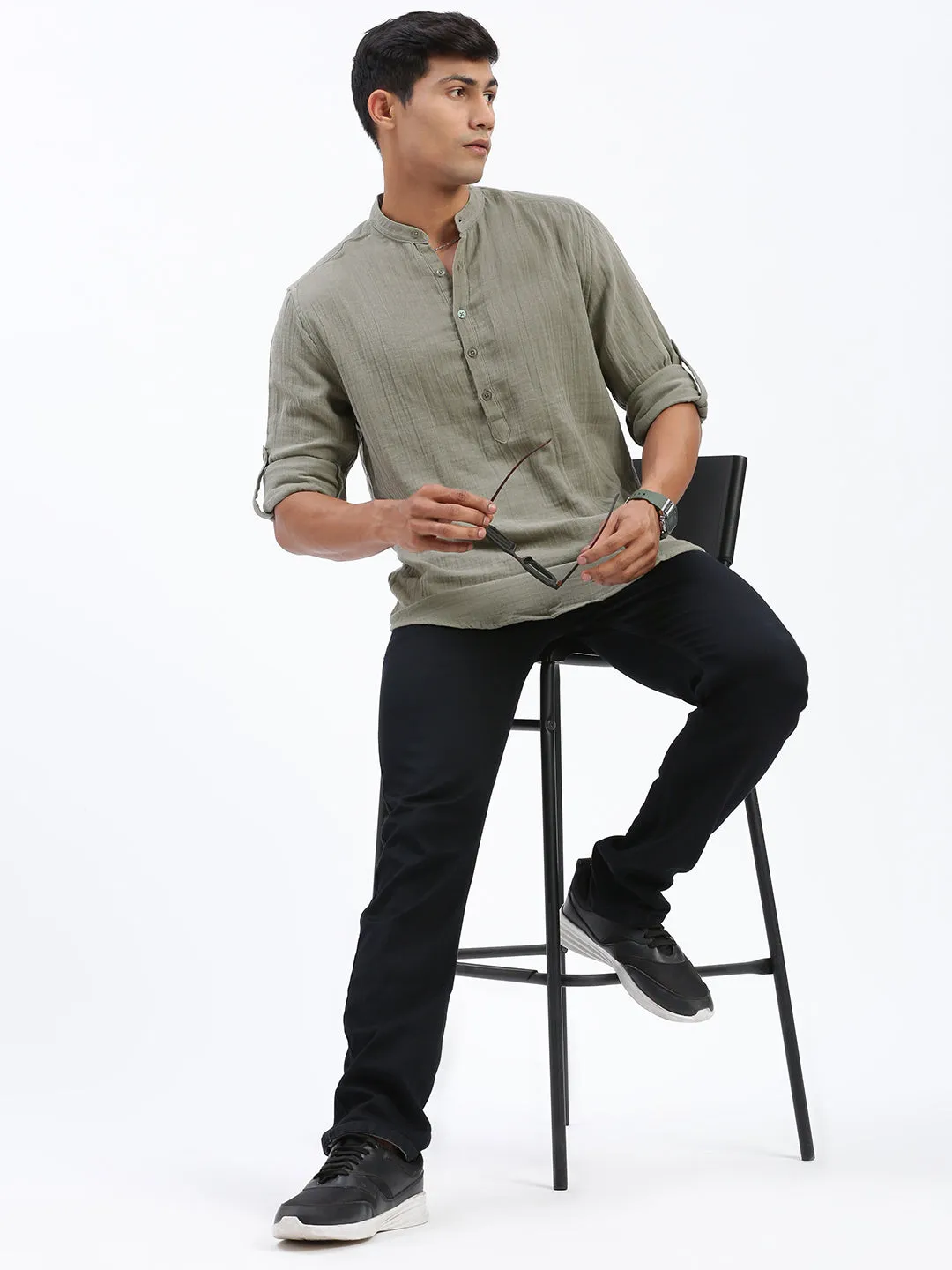 Men Green Cotton Solid Shirt