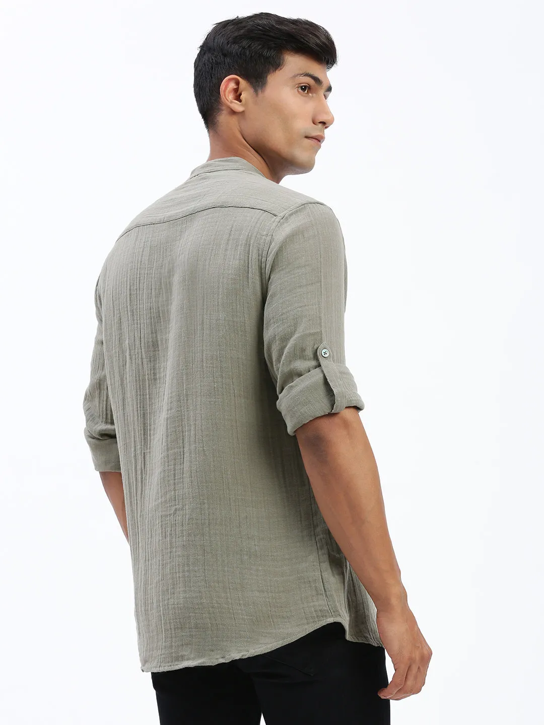 Men Green Cotton Solid Shirt