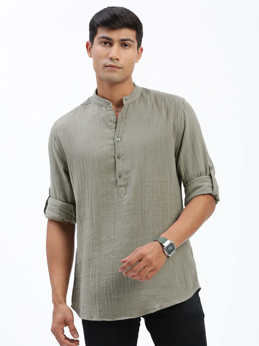 Men Green Cotton Solid Shirt