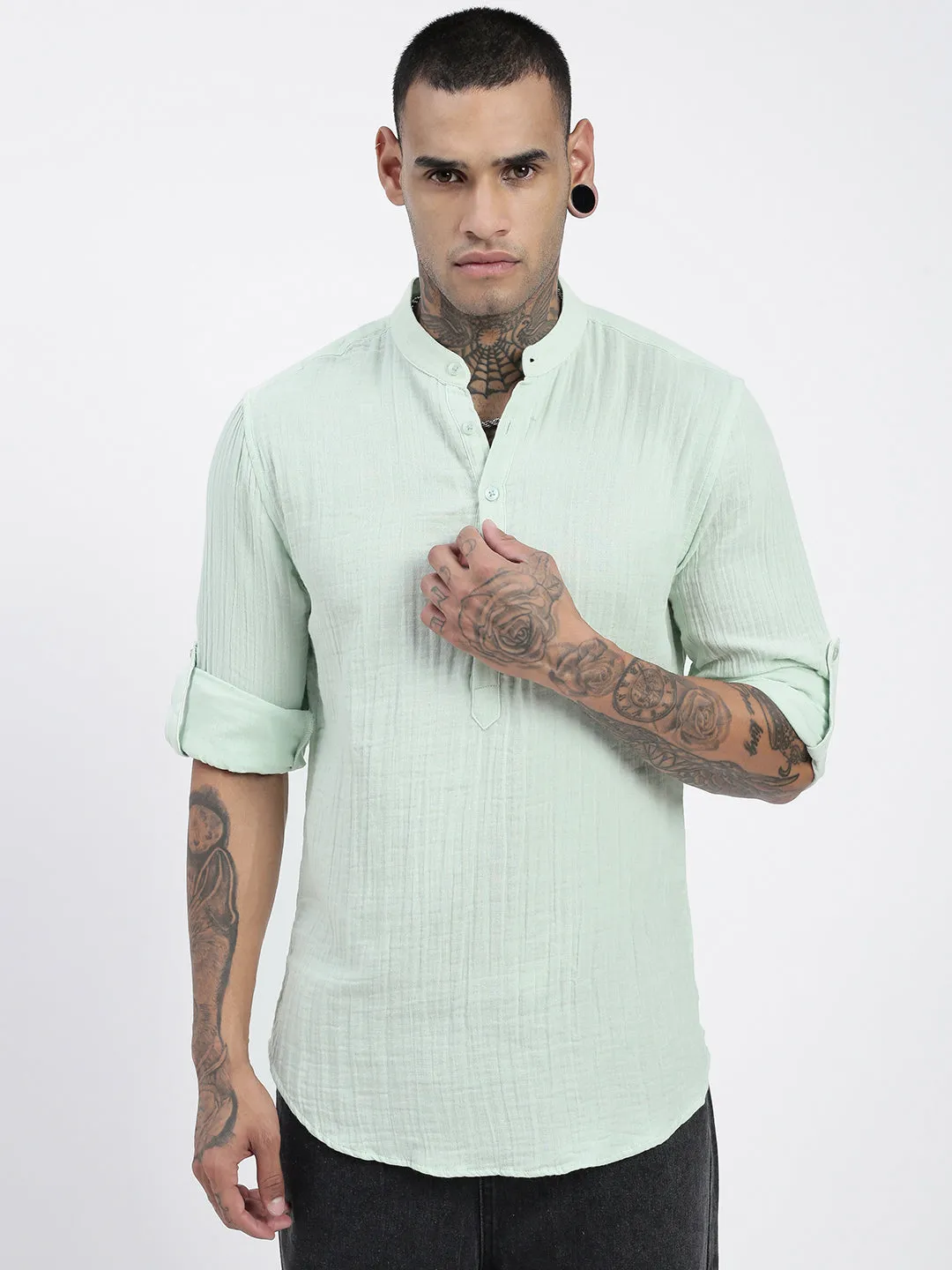 Men Green Solid Cotton Shirt