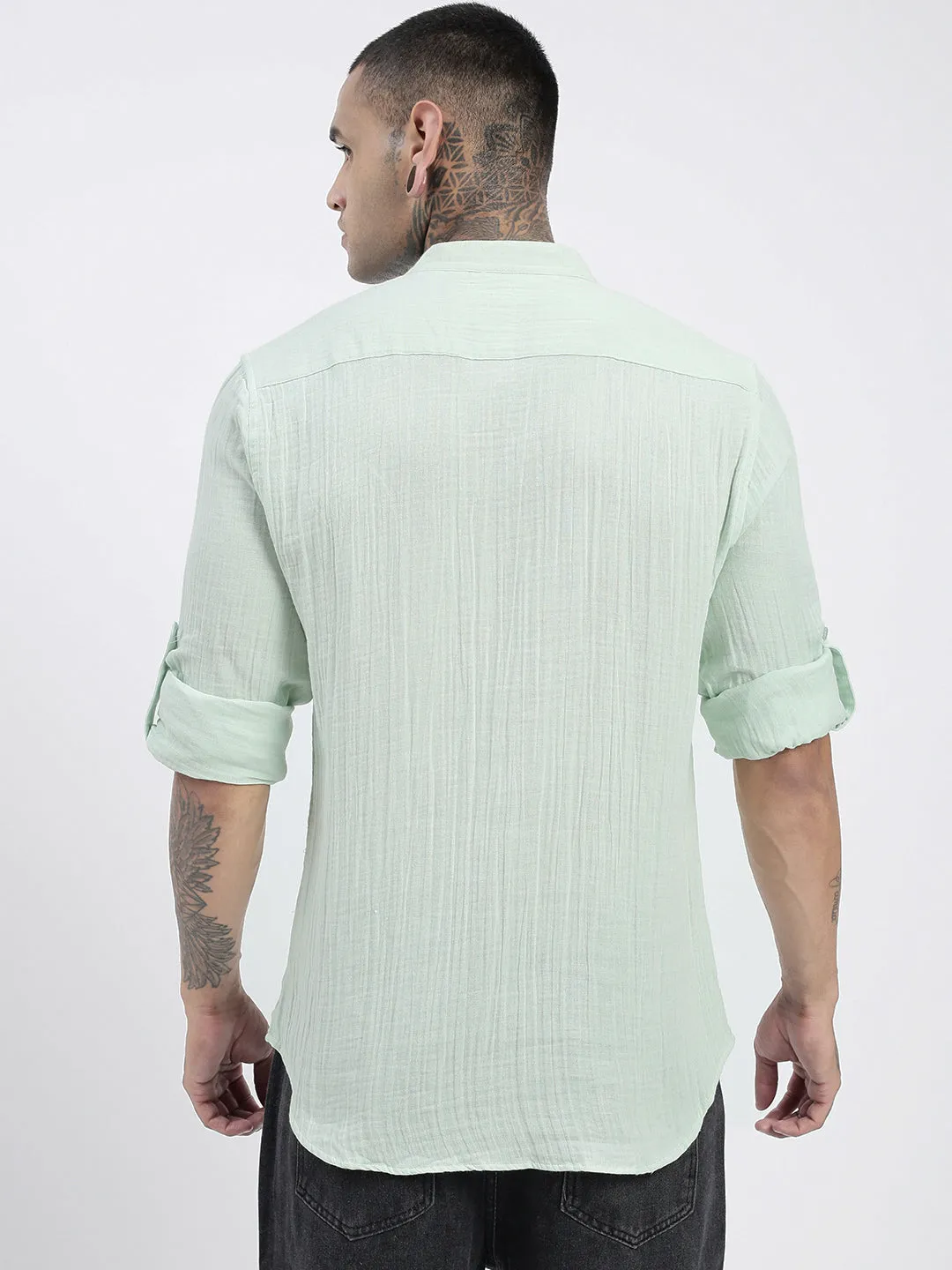 Men Green Solid Cotton Shirt