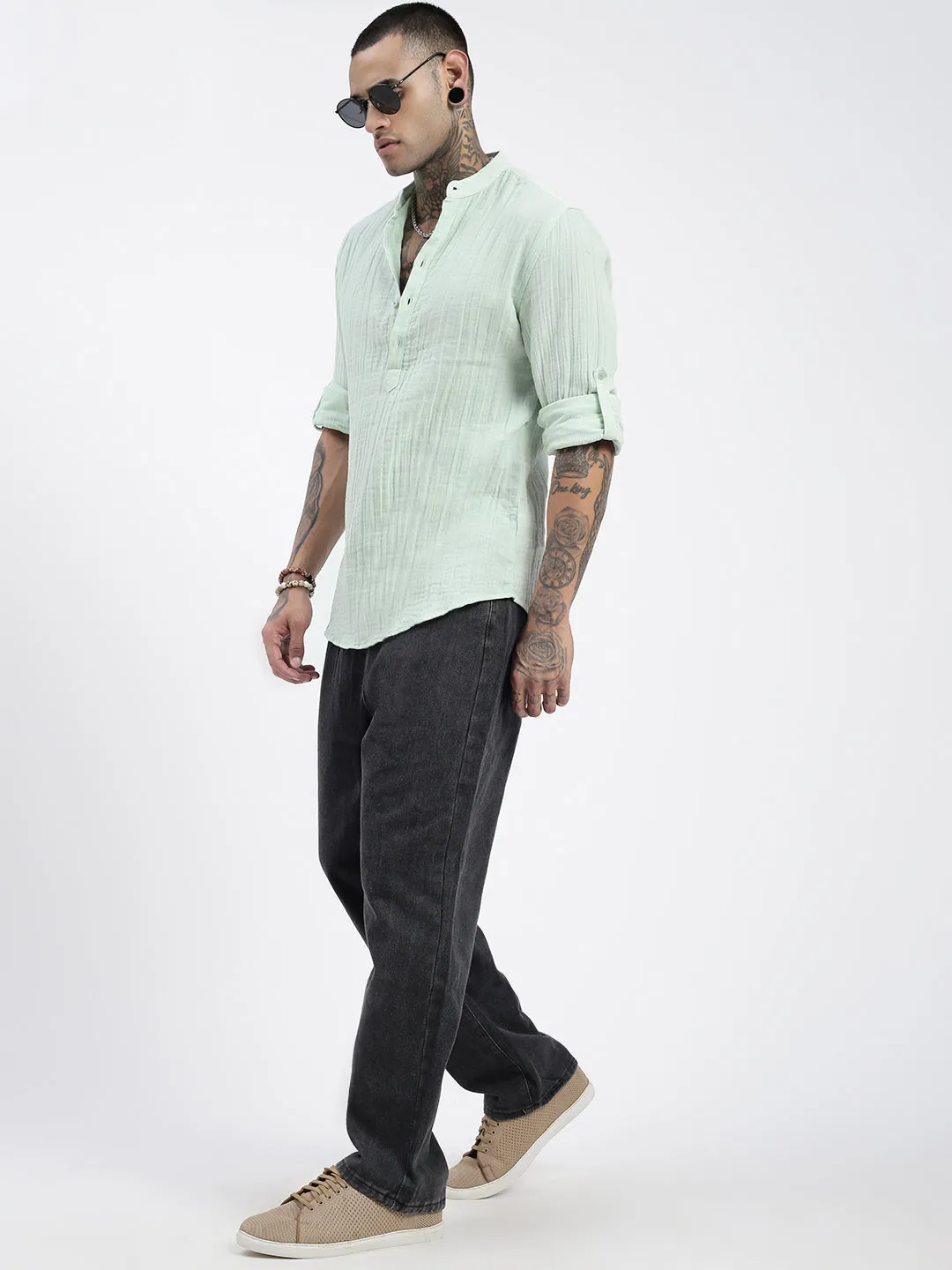 Men Green Solid Cotton Shirt