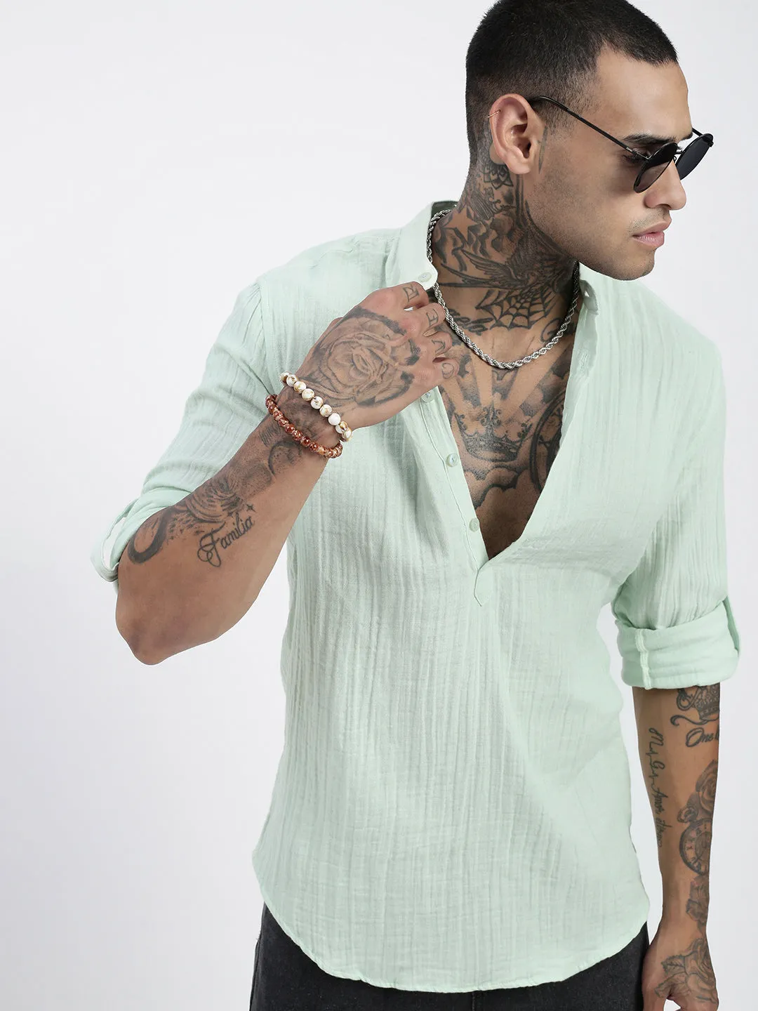 Men Green Solid Cotton Shirt