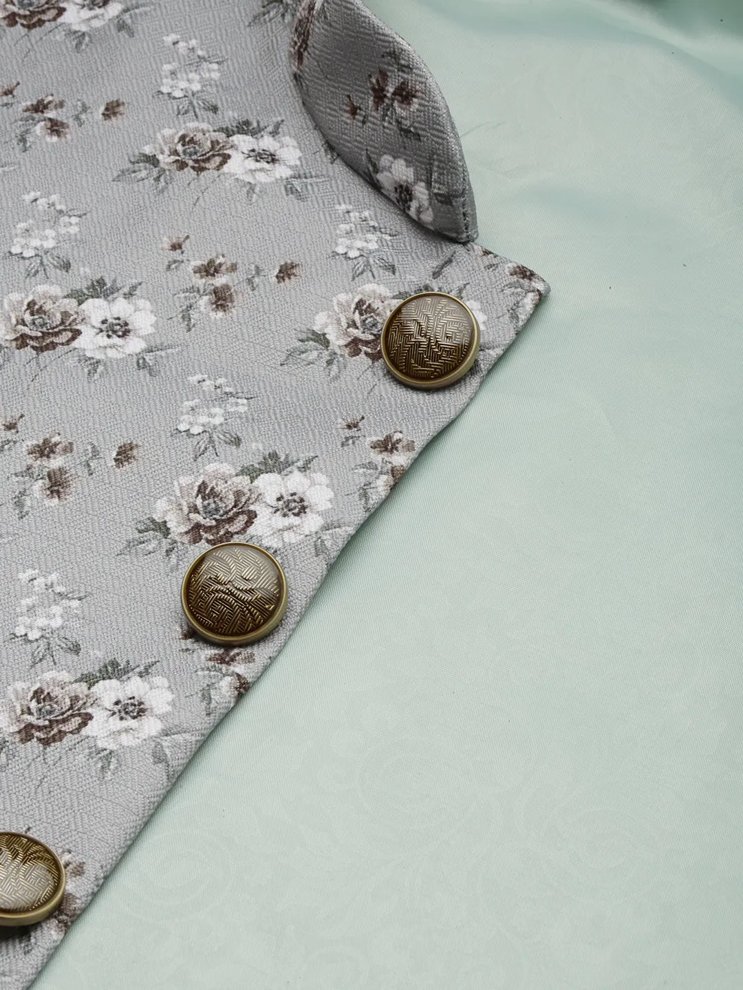 Men Mandarin Collar Printed Grey Nehru Jacket