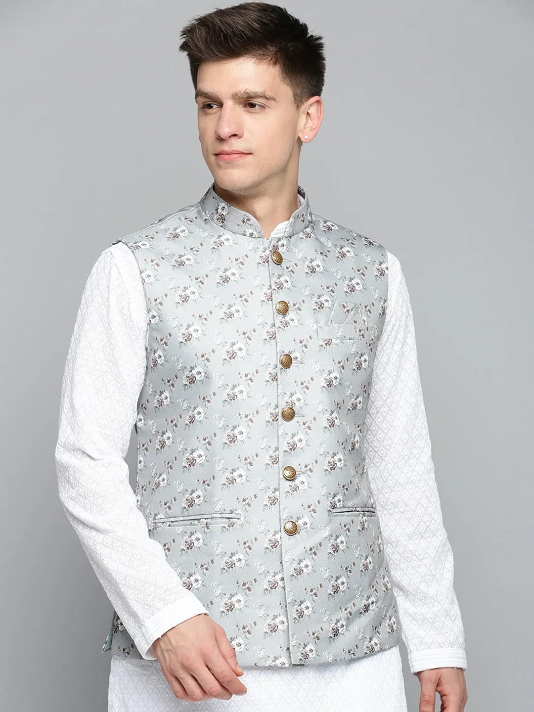 Men Mandarin Collar Printed Grey Nehru Jacket