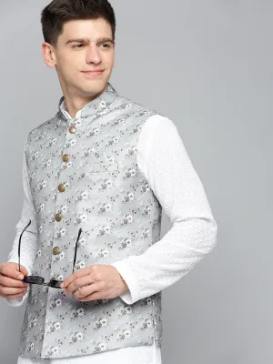 Men Mandarin Collar Printed Grey Nehru Jacket