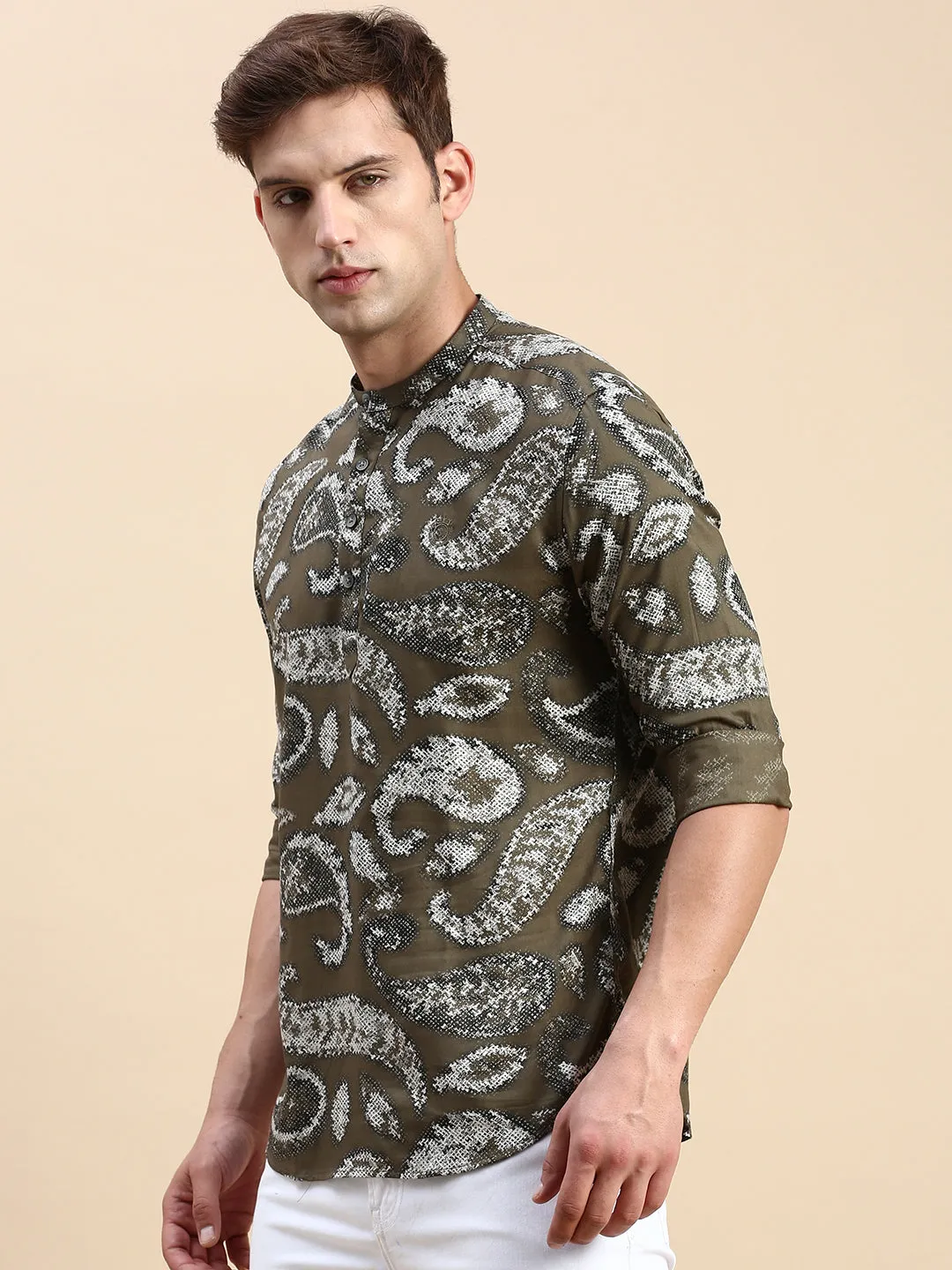 Men Mandarin Collar Printed Olive Straight Shirt