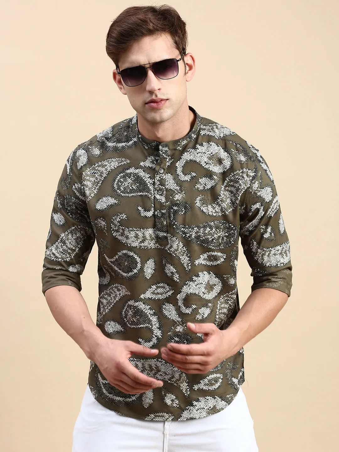 Men Mandarin Collar Printed Olive Straight Shirt