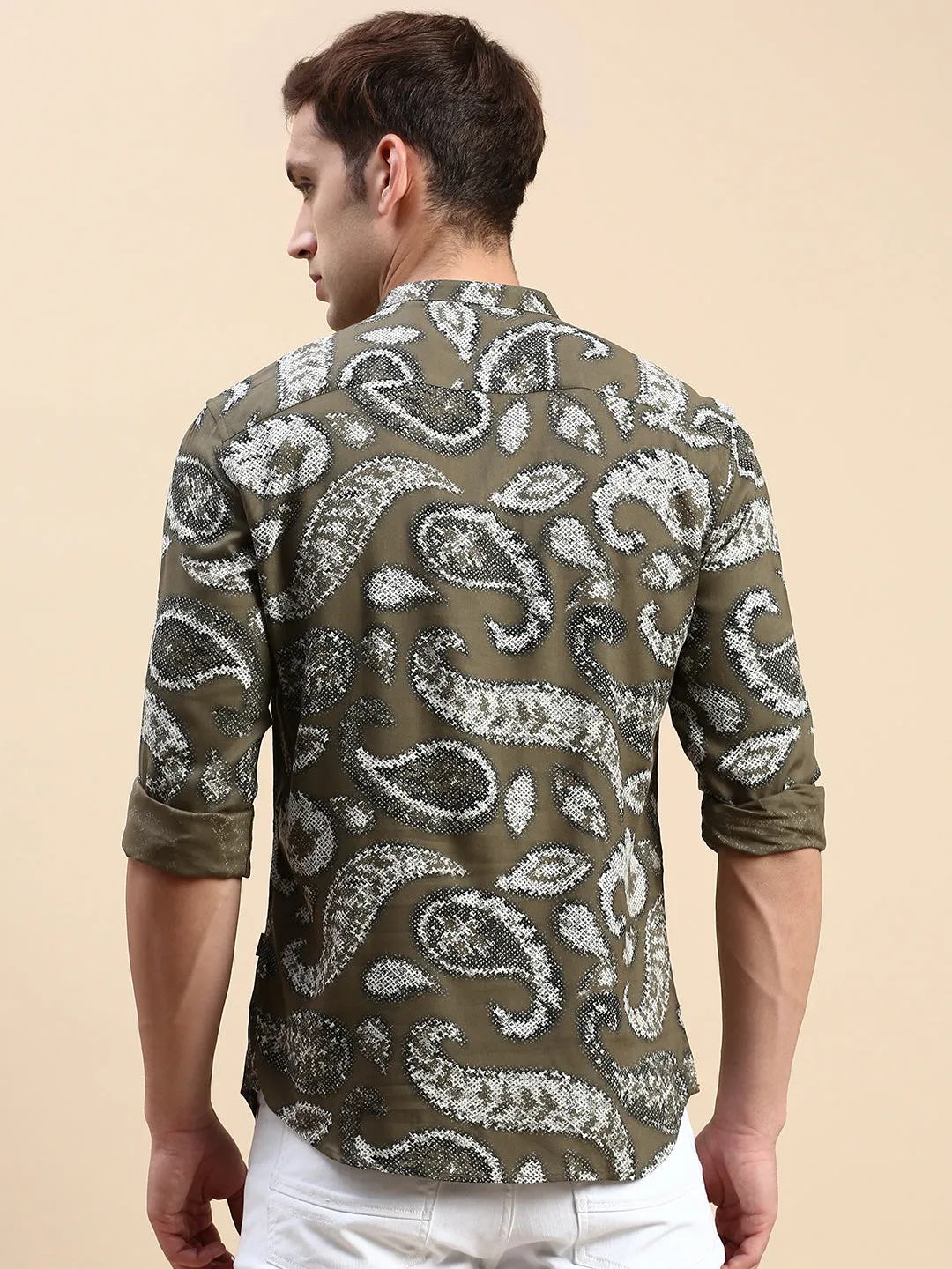 Men Mandarin Collar Printed Olive Straight Shirt
