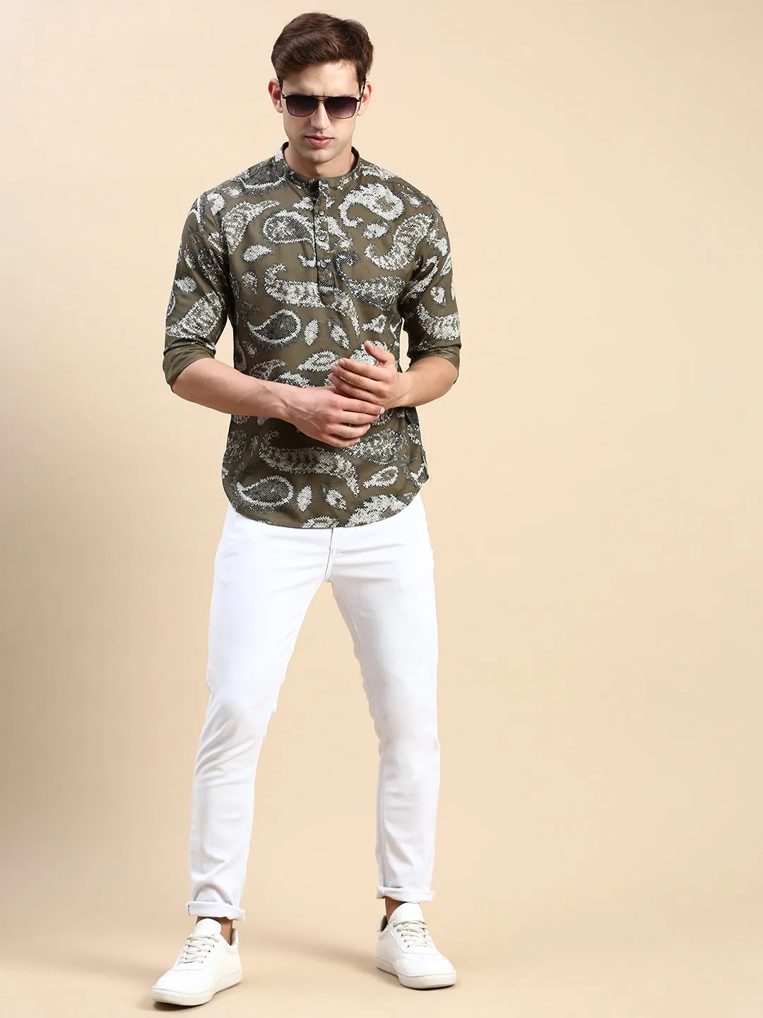 Men Mandarin Collar Printed Olive Straight Shirt