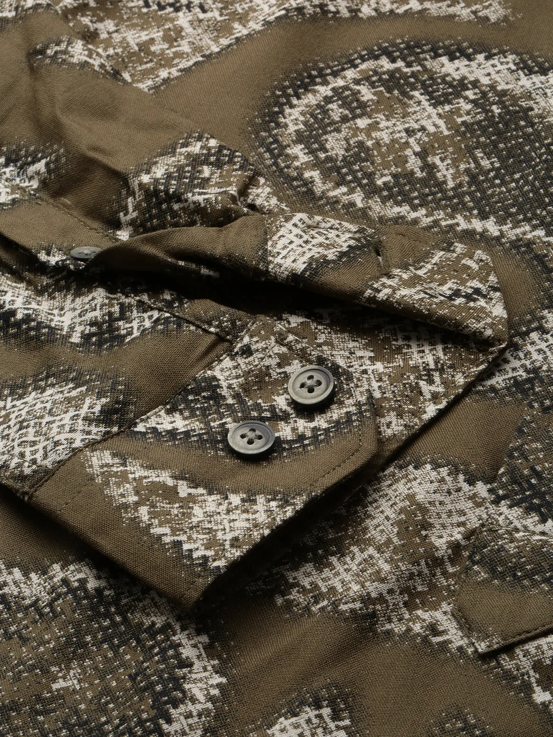 Men Mandarin Collar Printed Olive Straight Shirt