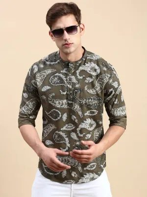 Men Mandarin Collar Printed Olive Straight Shirt