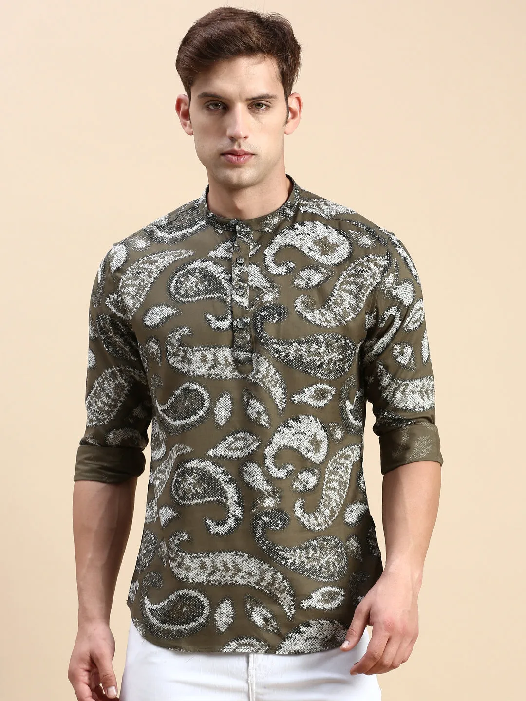 Men Mandarin Collar Printed Olive Straight Shirt