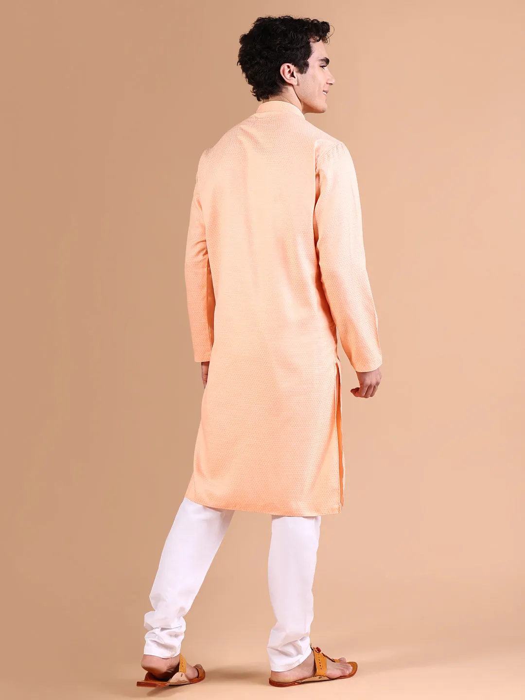 Men Peach Cotton Solid Kurta Set