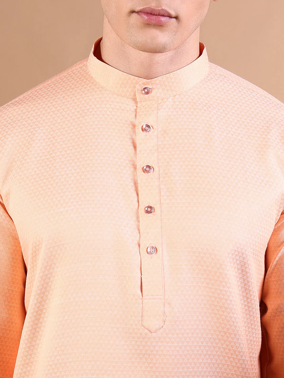 Men Peach Cotton Solid Kurta Set