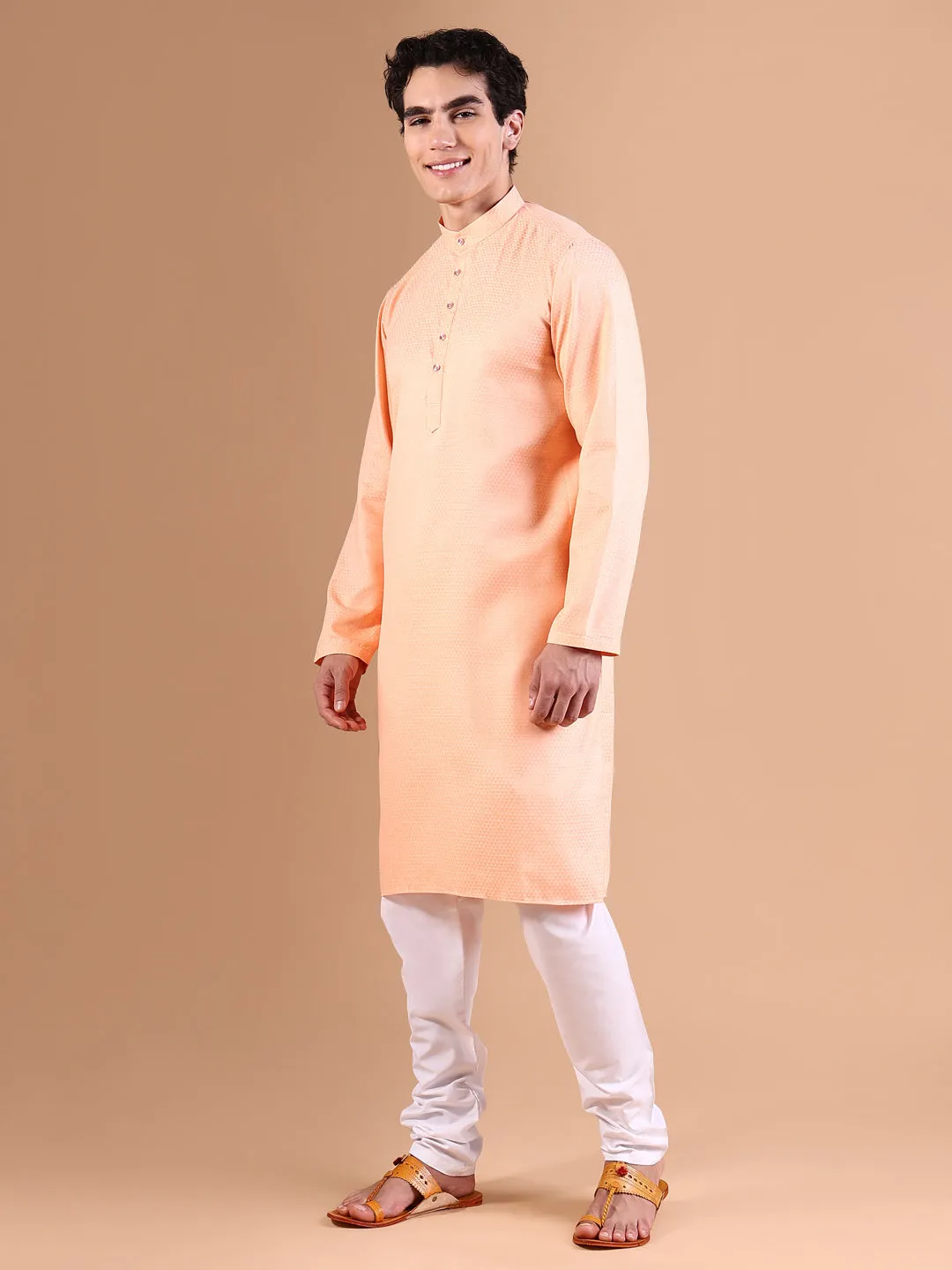 Men Peach Cotton Solid Kurta Set