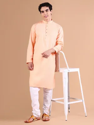 Men Peach Cotton Solid Kurta Set