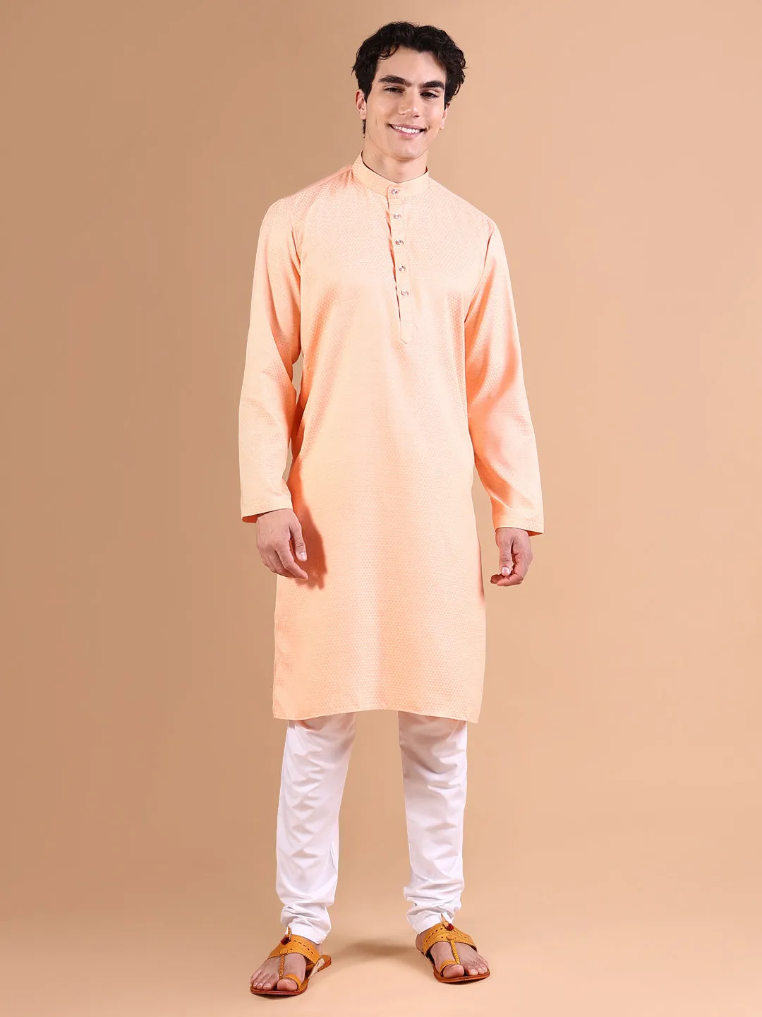 Men Peach Cotton Solid Kurta Set