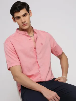 Men Peach Slim Fit Mandarin Collar Cotton Casual Shirt