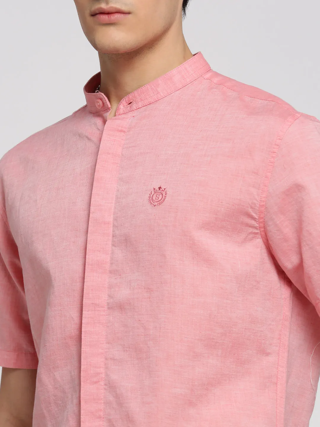 Men Peach Slim Fit Mandarin Collar Cotton Casual Shirt