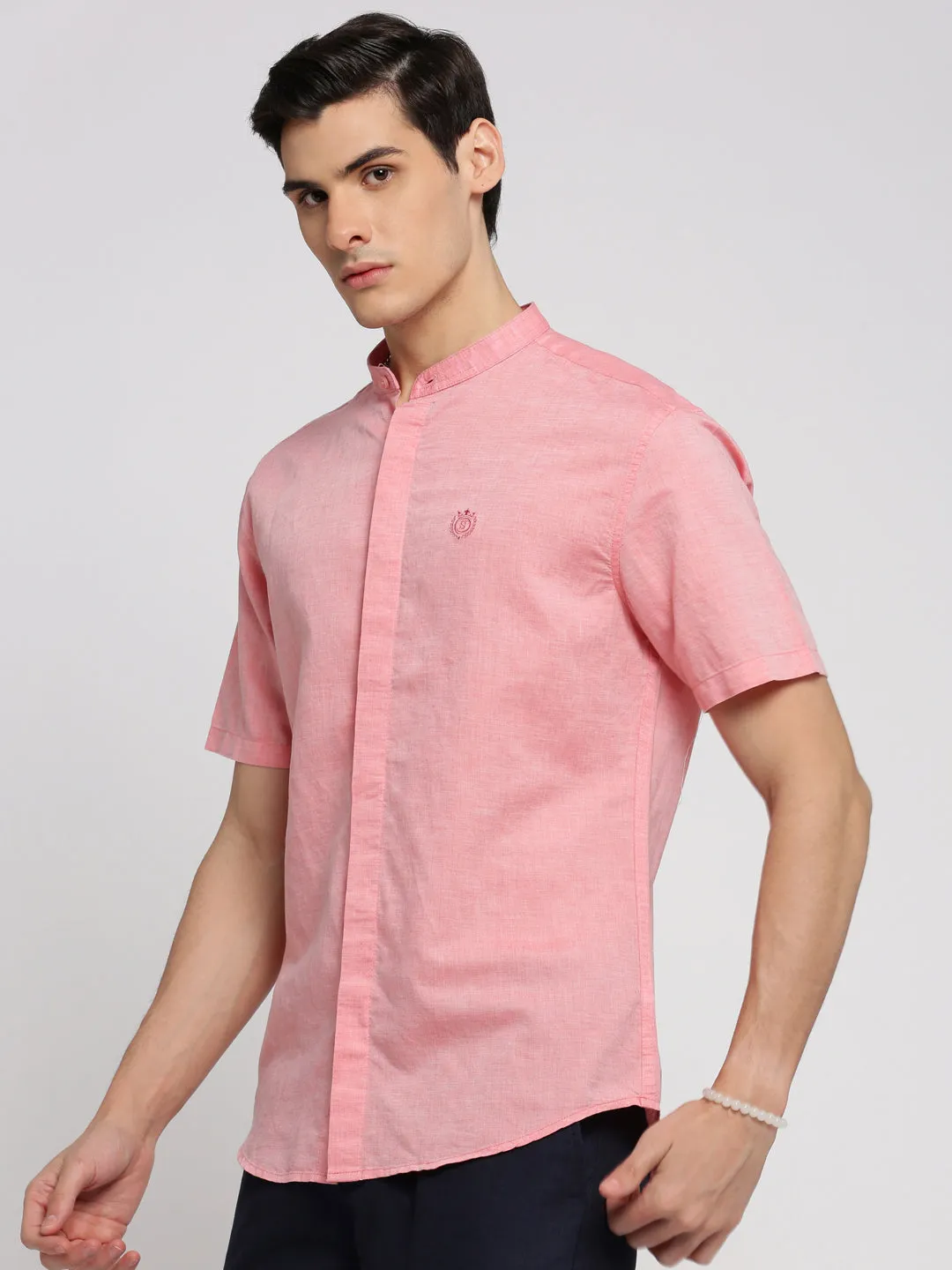 Men Peach Slim Fit Mandarin Collar Cotton Casual Shirt