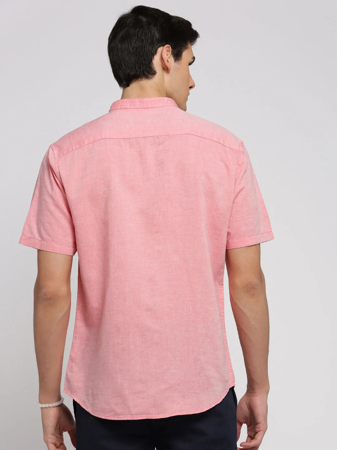 Men Peach Slim Fit Mandarin Collar Cotton Casual Shirt