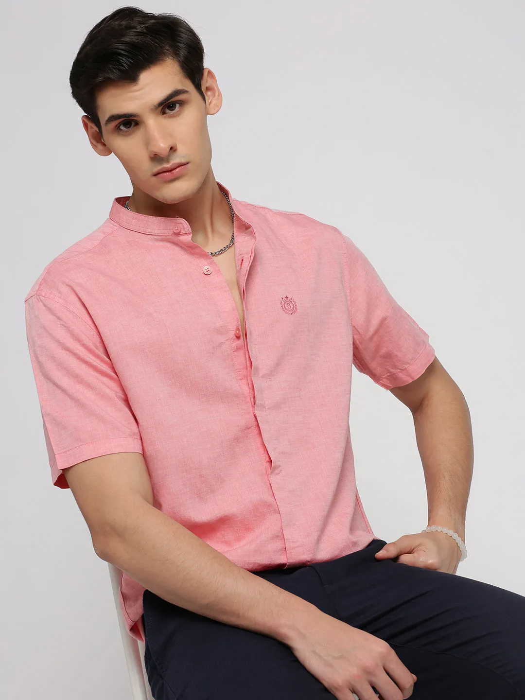 Men Peach Slim Fit Mandarin Collar Cotton Casual Shirt
