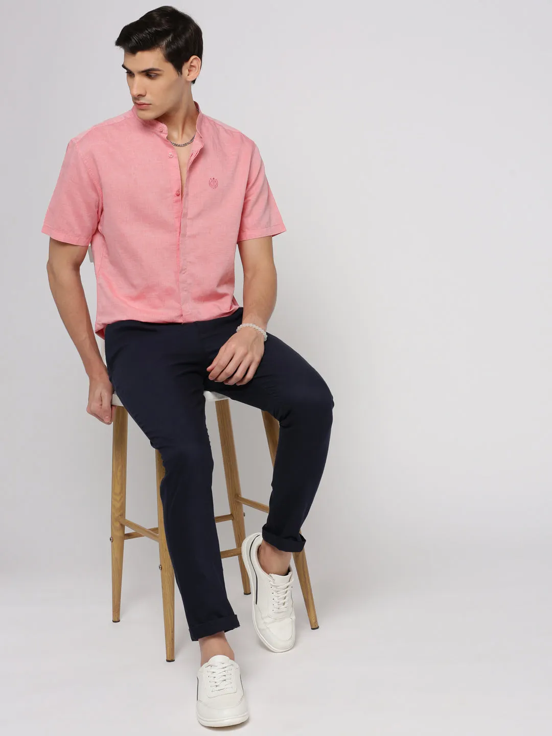 Men Peach Slim Fit Mandarin Collar Cotton Casual Shirt