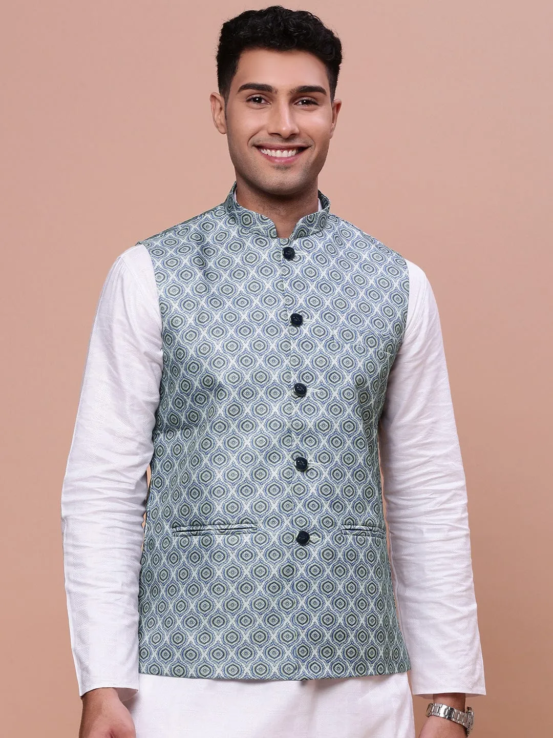 Men Printed Green Slim Fit Casual Nehru Jacket