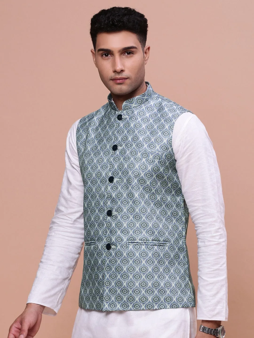 Men Printed Green Slim Fit Casual Nehru Jacket
