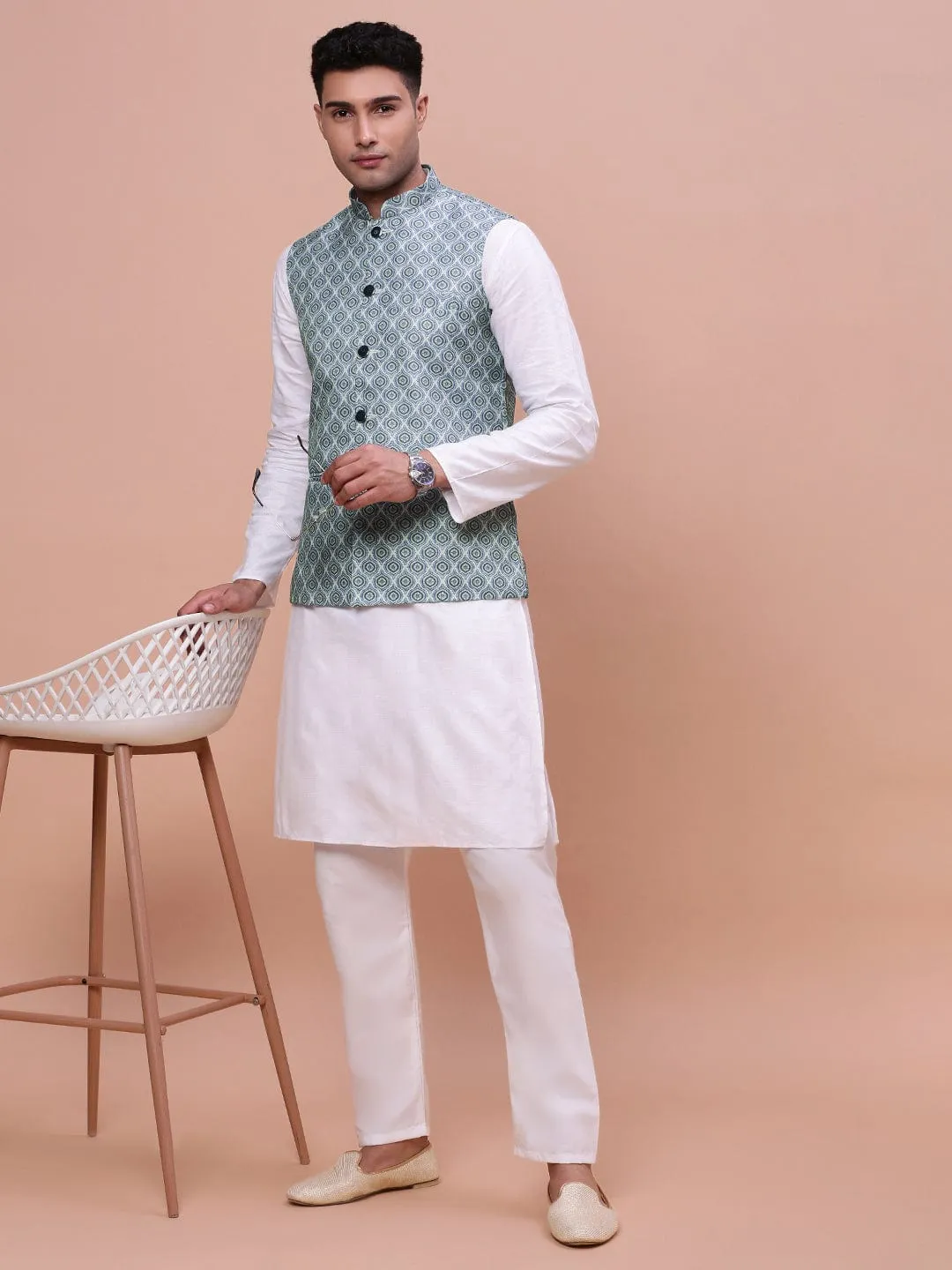 Men Printed Green Slim Fit Casual Nehru Jacket