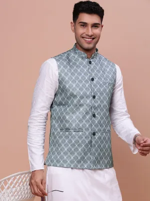 Men Printed Green Slim Fit Casual Nehru Jacket