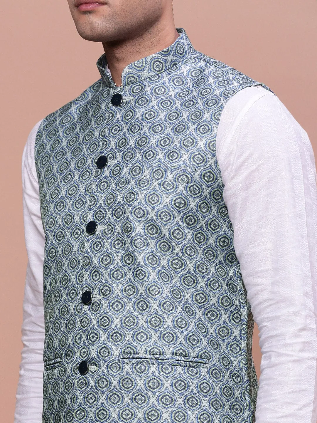 Men Printed Green Slim Fit Casual Nehru Jacket