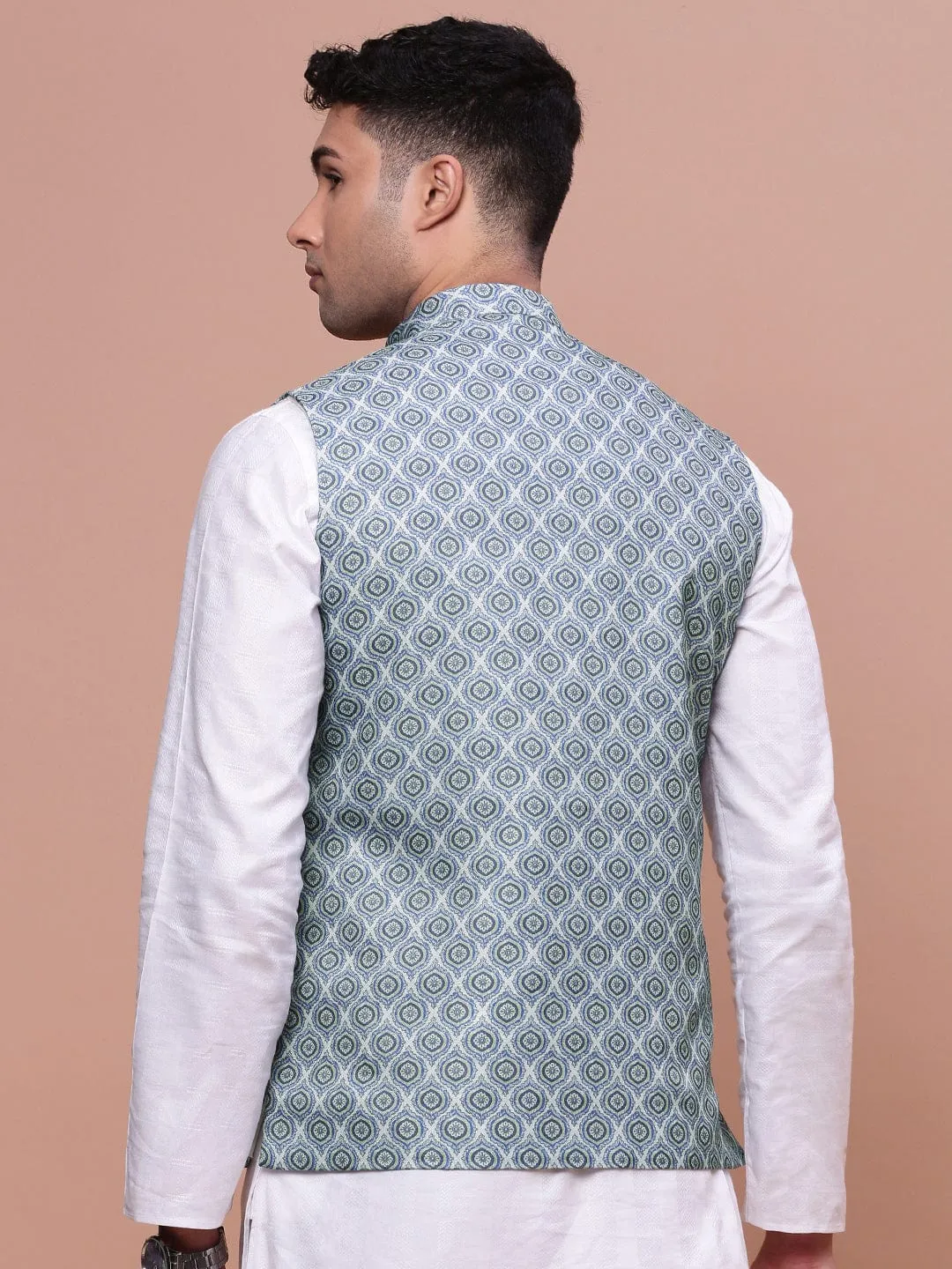 Men Printed Green Slim Fit Casual Nehru Jacket