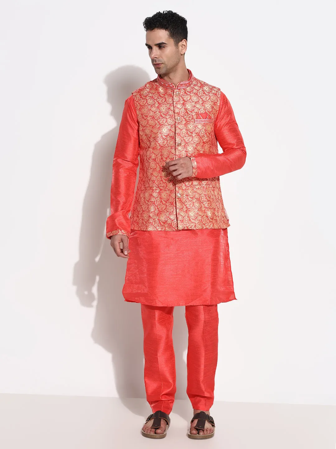 Men Red Solid Kurta Set with Nehru Jacket