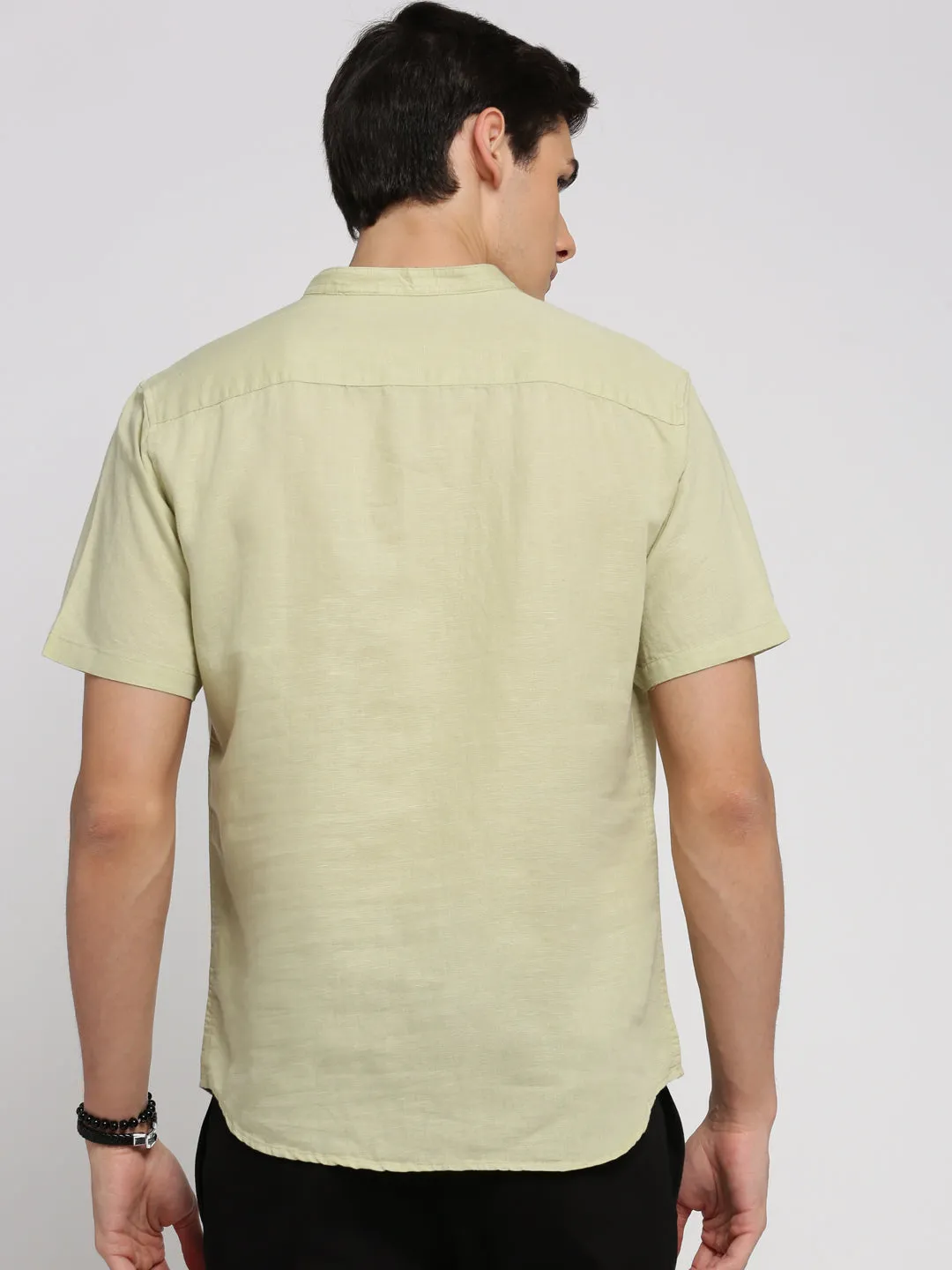Men Sea Green Band Collar Short Sleeves Casual Shirts