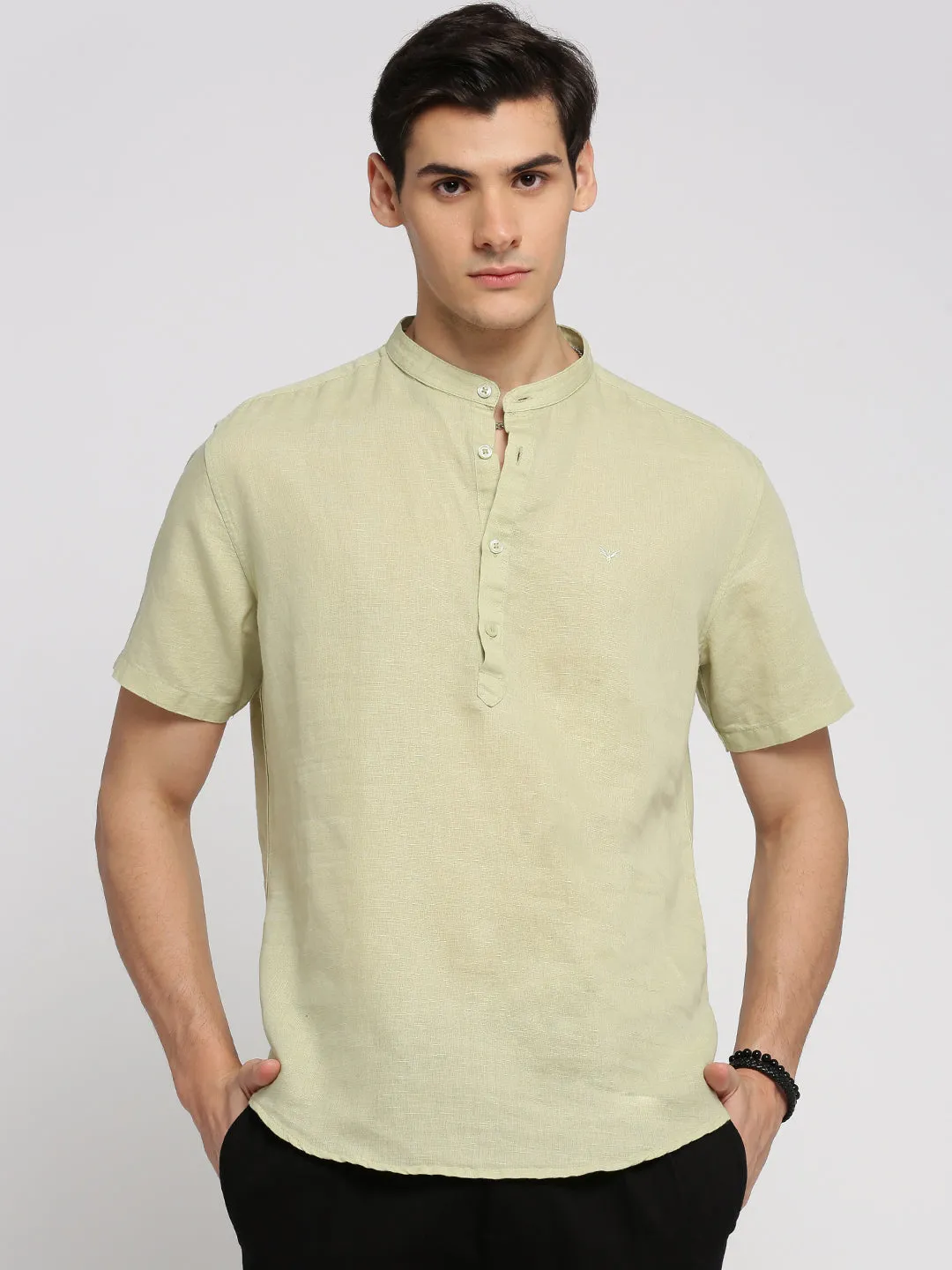 Men Sea Green Band Collar Short Sleeves Casual Shirts