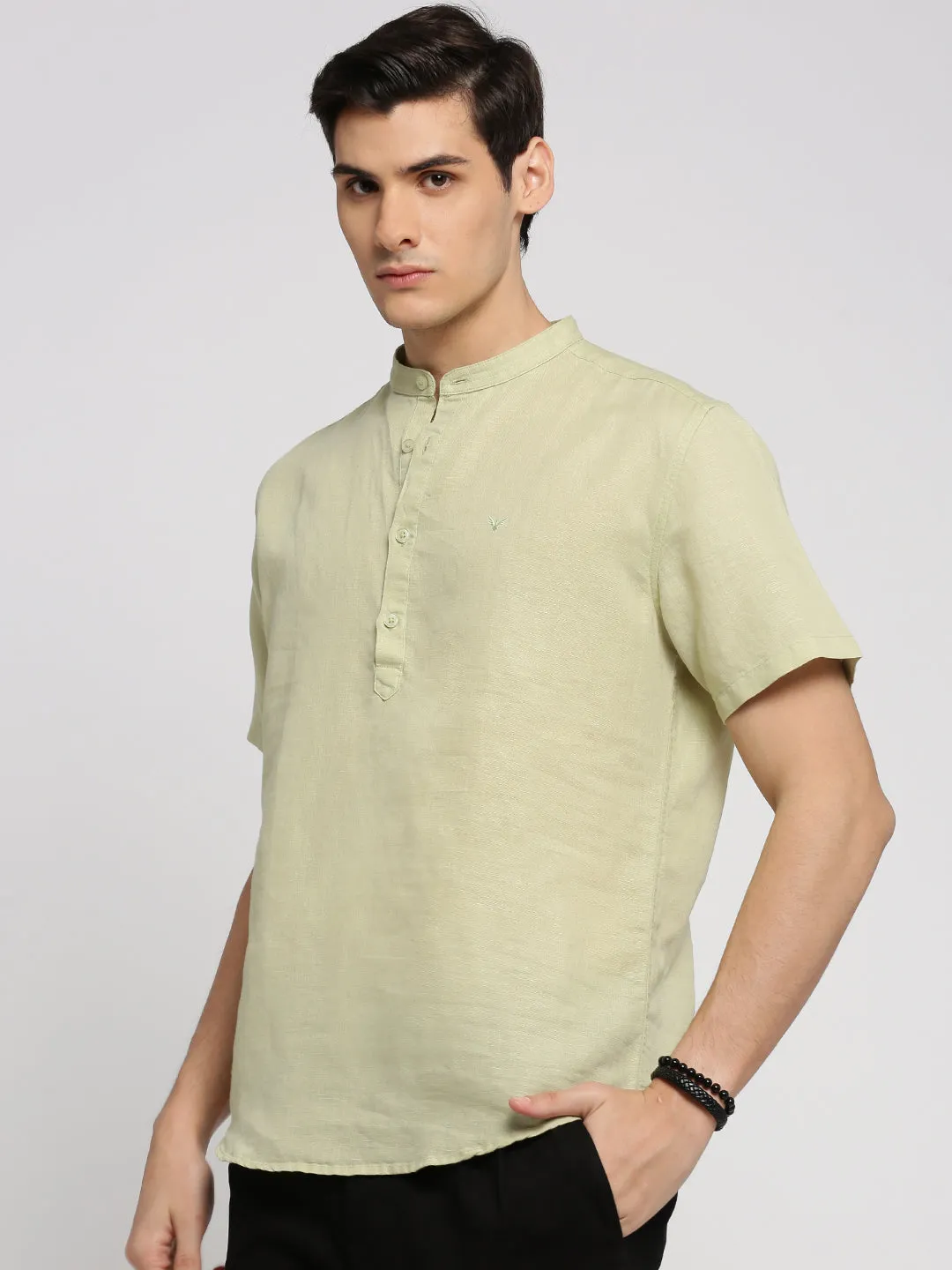 Men Sea Green Band Collar Short Sleeves Casual Shirts