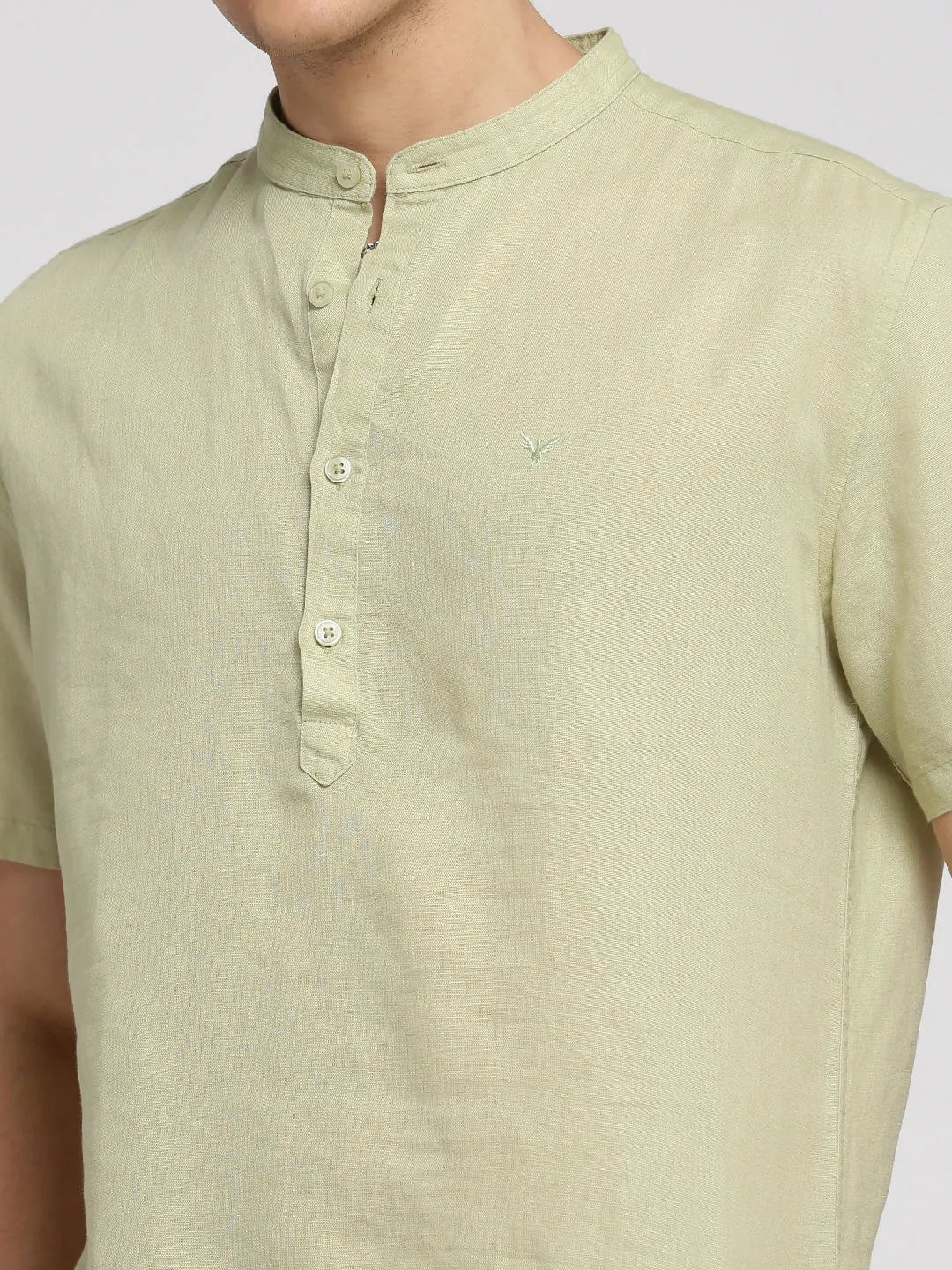 Men Sea Green Band Collar Short Sleeves Casual Shirts
