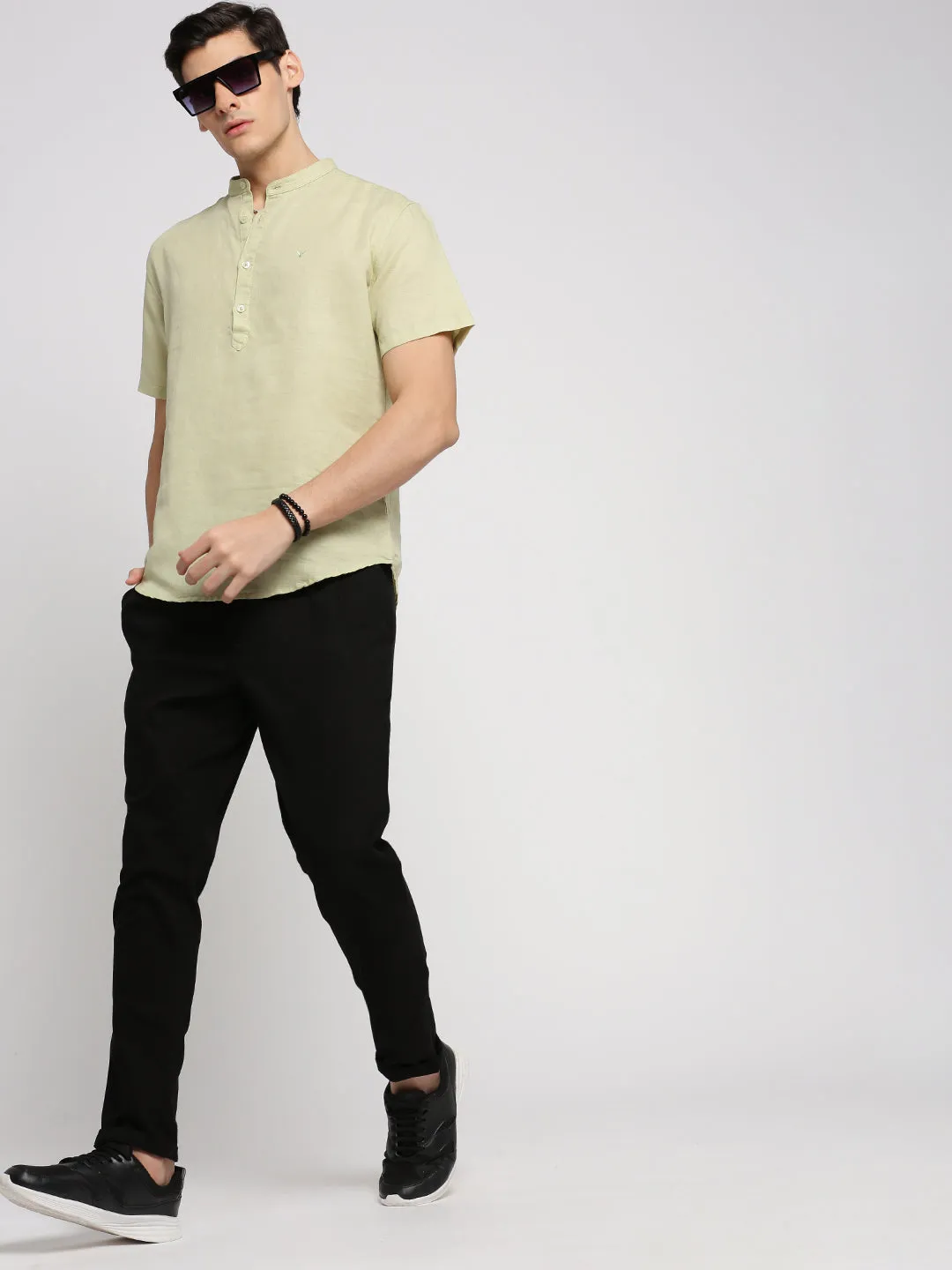 Men Sea Green Band Collar Short Sleeves Casual Shirts