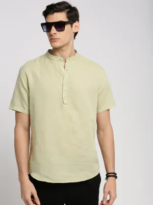 Men Sea Green Band Collar Short Sleeves Casual Shirts