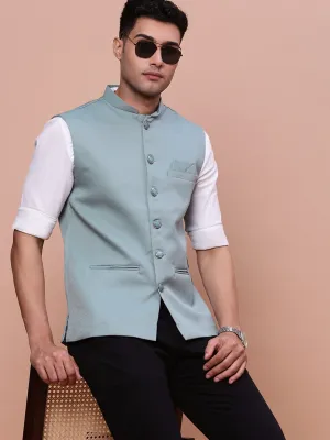 Men Sea Green Solid Slim-Fit Nehru Jacket