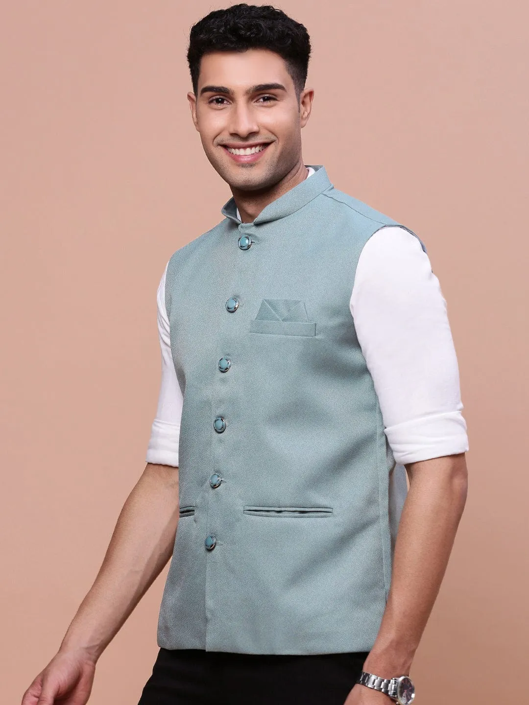 Men Sea Green Solid Slim-Fit Nehru Jacket