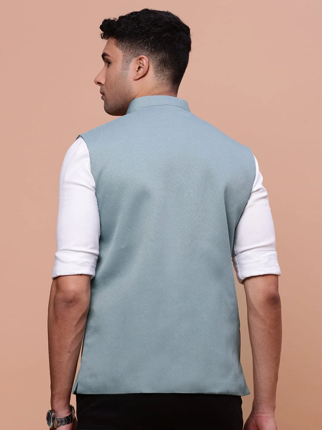 Men Sea Green Solid Slim-Fit Nehru Jacket
