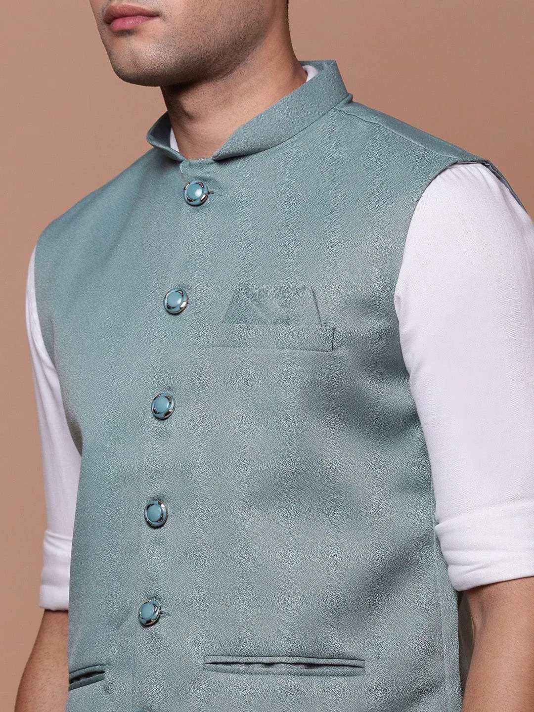 Men Sea Green Solid Slim-Fit Nehru Jacket