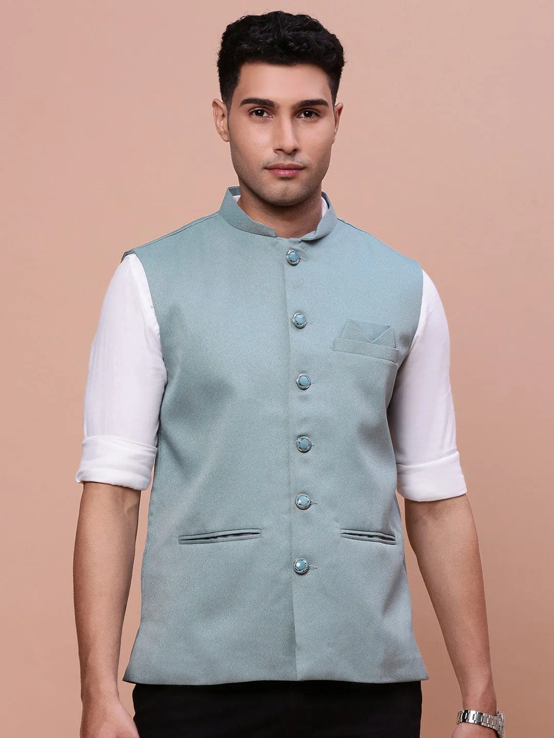 Men Sea Green Solid Slim-Fit Nehru Jacket
