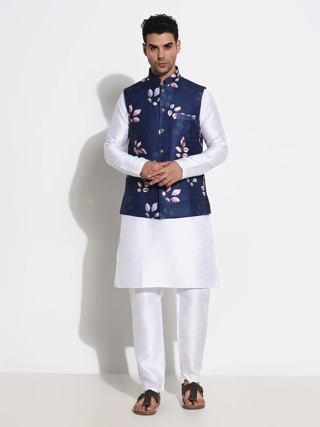 Men White Solid Raw Silk Ethnic Kurta Set with Nehru Jacket